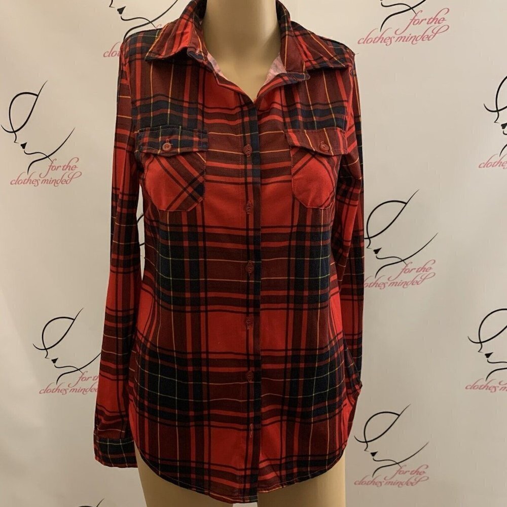 Just B. Size S-M. Lightweight Polyester Plaid 2 Pocket Long Sleeve Shirt. B53